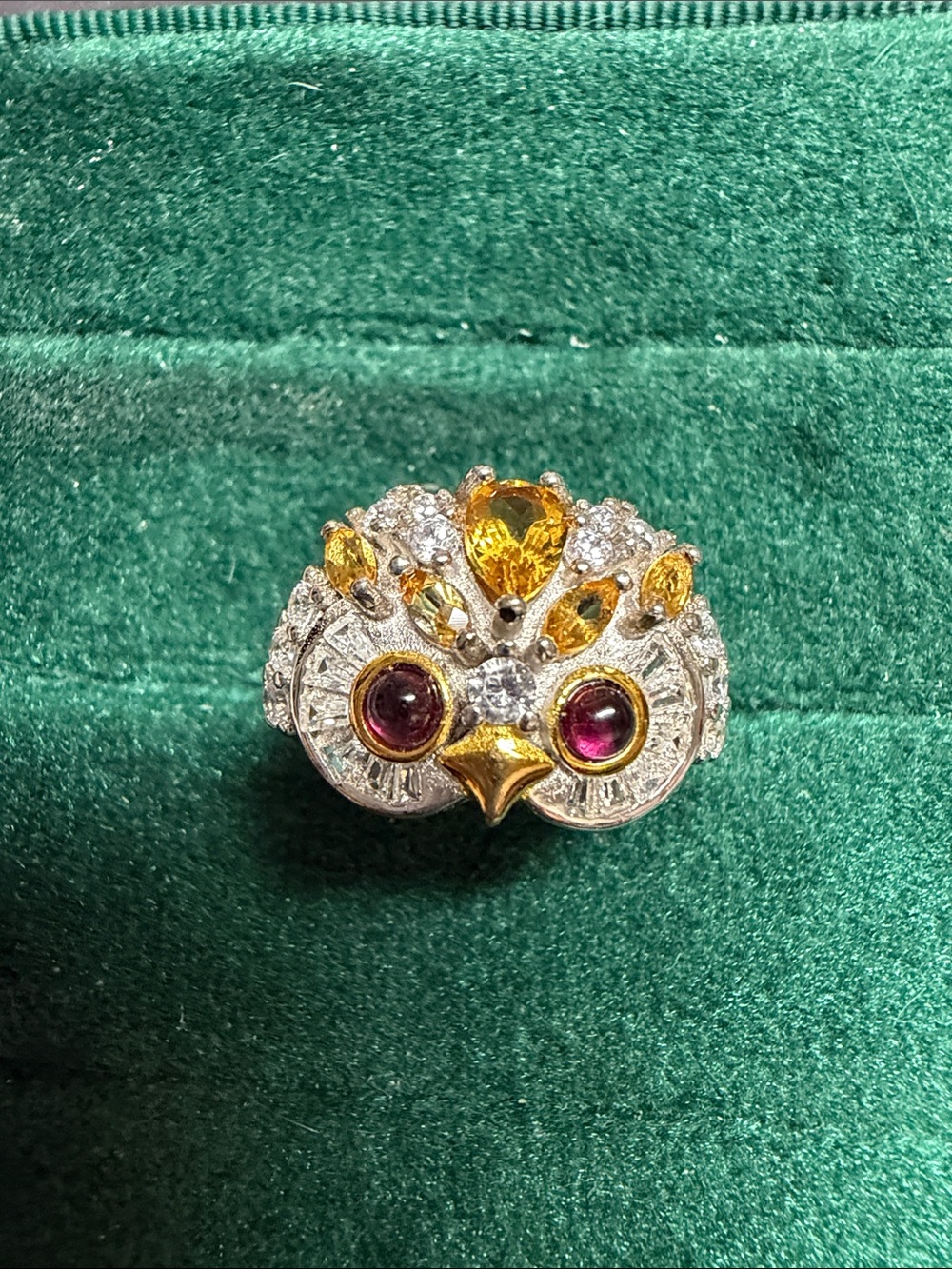 Gold and Multicolor Owl Crystal Ring - Women Jewelry size 9 adjustable